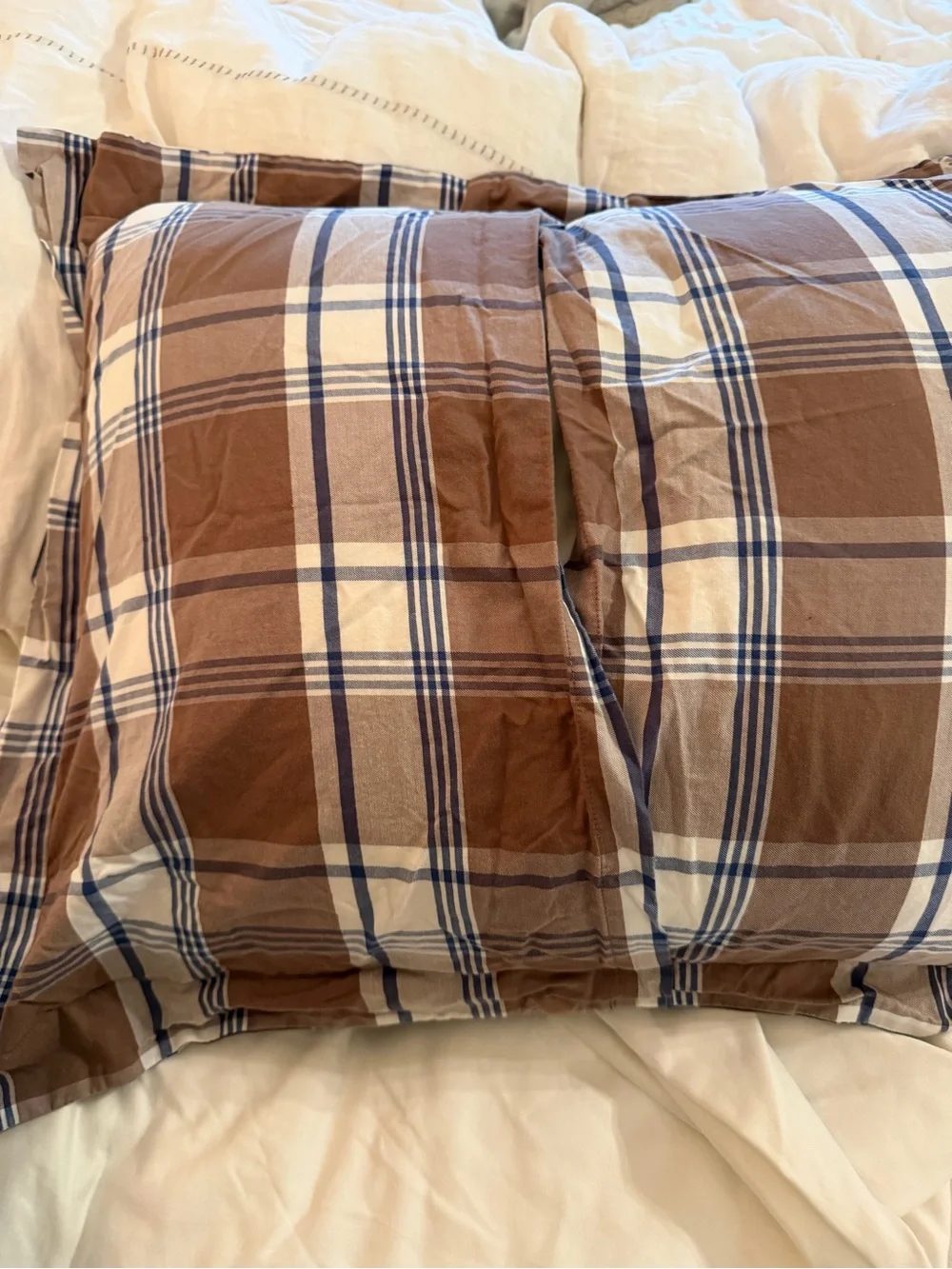 Pottery Barn Kids Brown, White and Blue Plaid Pillow Sham